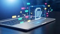 Digital Document Management Concept with Laptop and AI Network on Blue Background Royalty Free Stock Photo