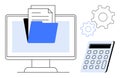Digital Document Management with Folder on Computer Screen, Calculator, and Settings Gears Royalty Free Stock Photo