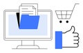 Digital Document Management and Online Shopping Concept with Computer, Folder, Cart, and Thumbs Up Royalty Free Stock Photo