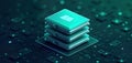Digital document management system illustrated. Stacked files represent digital data storage. Tech platform facilitates secure