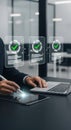 Digital document verification with tablet and laptop. Business professional approving digital files with checkmarks. Modern office Royalty Free Stock Photo