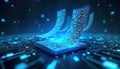 Digital documents float in luminous blue cyberspace. Dynamic data streams flow around electronic components. Tech future fast.