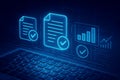 Digital Documents and Graphs Floating Above a Keyboard with Blue Neon Glow file data Royalty Free Stock Photo