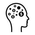 The digital dollar sign icon is on a futuristic human profile face with an implanted brain chip for AI artificial intelligence