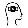 The digital dollar sign icon is on a futuristic human profile face with an implanted brain chip for AI artifical intelligence