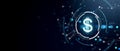 Digital dollar sign with network connections on dark neon blue background. 3D Rendering