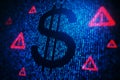 Digital dollar symbol with binary code and red warning signs on blue neon background. 3D Rendering