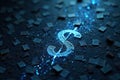 Digital dollar symbol illuminated on dark surface with scattered banknotes and water droplets Royalty Free Stock Photo