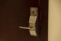 Digital door lock security system, Electronic door handle with key pads numbers. Selective focus Royalty Free Stock Photo