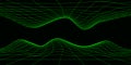 Digital double wavy wireframe landscape in acid green. Futuristic linear undulating terrain. Retro futurism concept. Digital