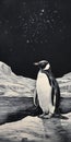 Digital drawing in charcoal style of a penguin in a winter landscape