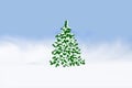 Digital drawing of a Christmas tree covered with fluffy snow against a blue sky