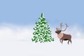 Digital drawing of a Christmas tree covered with fluffy snow and deer against a blue sky