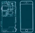 Digital drawing of an inner construction of a smartphone isolated on blue background