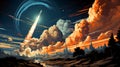 A digital drawing showing a large rocket taking off into the sky. The rocket was large and powerful, with white smoke billowing Royalty Free Stock Photo