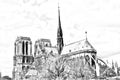 Drawing style that represents a glimpse of the Notre Dame cathedral in Paris