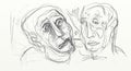 Digital drawing in wide screen format, figurative, minimalist, delicate and fast, human faces interacting side by side.