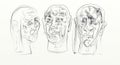 Digital drawing in wide screen format, figurative, minimalist, delicate and fast, human faces interacting side by side.