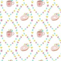 Digital drawn vintage floral wall paper with cups and donuts , seamless pattern Royalty Free Stock Photo