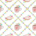 Digital drawn vintage seamless wall paper with cups and donuts, retro pattern Royalty Free Stock Photo