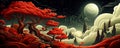 A Digital Dreamscape with Red Trees, Swirling Clouds, and a Giant Moon
