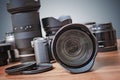 Digital DSLR camera, many lenses, filters and equipment. Royalty Free Stock Photo