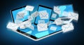 Digital e-mails flying through devices screens 3D rendering