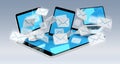 Digital e-mails flying through devices screens 3D rendering