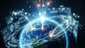 Digital earth globe with glowing data streams and futuristic interface screens showing global connectivity and Royalty Free Stock Photo