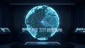 Digital earth globe with illuminated data streams in dark room against dark backdrop with digital display panels and glowing floor Royalty Free Stock Photo