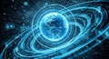 Digital Earth Globe Surrounded by Blue Glowing Orbiting Data Streams and Screens planet world Royalty Free Stock Photo