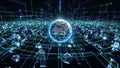 Digital Earth surrounded by glowing network lines and abstract data cubes in a futuristic cyberspace environment Royalty Free Stock Photo