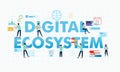 Digital ecosystem letter and people doing their job banner illustration