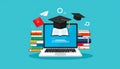 Digital Education and E Learning Concept Illustration Featuring Laptop Computer Stacks of Textbooks Graduation Caps and Floating Royalty Free Stock Photo
