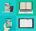 Digital electronic books online reading concept on computer, cell phone and tablet reader device screens vector flat