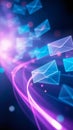 Digital emails letters in envelopes in motion create vibrant light trail representing communication and networking Royalty Free Stock Photo