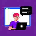 Interaction illustration of a surprised person using a laptop with speech bubble inside browser window representing digital engage Royalty Free Stock Photo