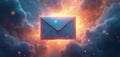 Digital envelope floats in dramatic sky clouds. Fiery orange light mixes with deep blues. Tiny bright sparks float around. Royalty Free Stock Photo