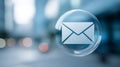 Digital envelope icon inside transparent bubble floating over blurred urban background representing secure email communication and Royalty Free Stock Photo
