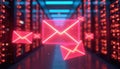 Digital envelopes fly through server room glowing with red, blue lights. Illustration suggests fast data transmission, network Royalty Free Stock Photo