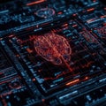 The digital environment features a sophisticated interface that exhibits brain data and neural network analysis, highlighting the