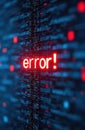 Digital error message superimposed over blue, red binary code background. Conceptual tech image represents coding problem, Royalty Free Stock Photo