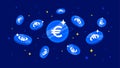 Digital Euro coins on blue background. European Central Bank ECB concept banner background