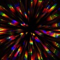 Digital explosion glitch lines and speed glowing lights on black background. Techno psychedelic screen. Optical shiny festive disc Royalty Free Stock Photo