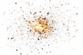 Digital explosion of pixel particles dispersing outward, white background Royalty Free Stock Photo