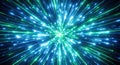 Digital explosion of vibrant green light rays radiating from a central point in space Royalty Free Stock Photo