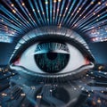 Digital eye with binary code and glowing lines showing technology and data connections Royalty Free Stock Photo