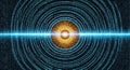 Digital eye with an intricate circuit board iris and a central glowing light surrounded by binary code rings Royalty Free Stock Photo