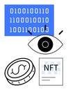 Digital Eye Overseeing Binary Code, Cryptocurrency Coin, and NFT Document to Represent Blockchain Royalty Free Stock Photo