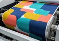 Digital fabric printing process showcasing vibrant roll-to-roll fabric with abstract geometric patterns, emphasizing modern Royalty Free Stock Photo